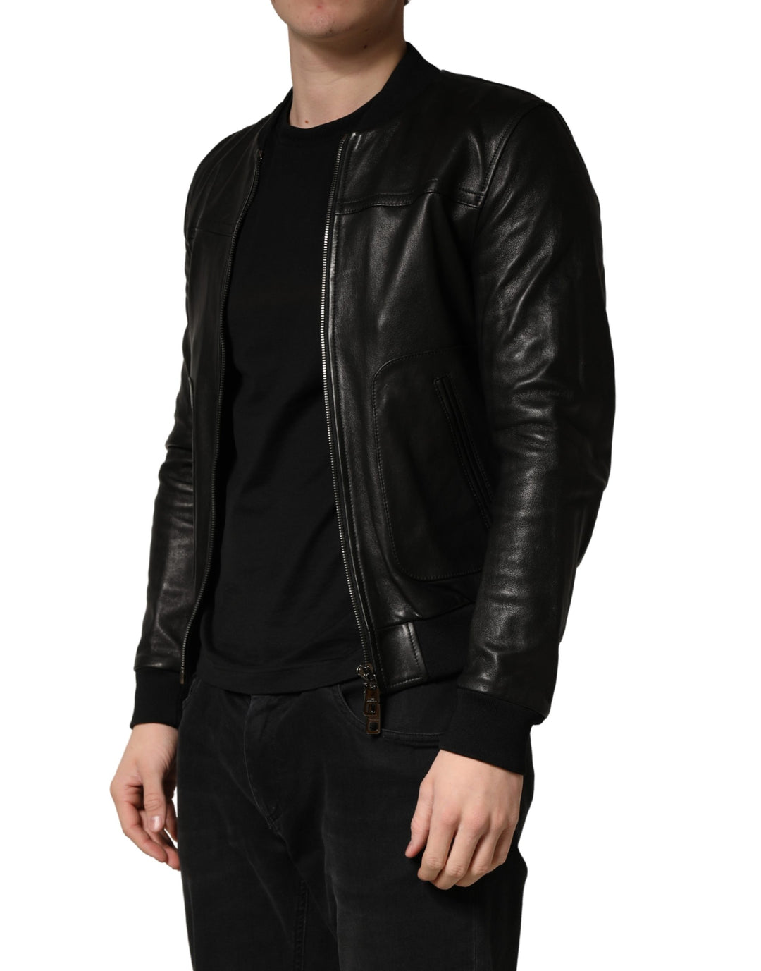 Black Lamb Leather Full Zip Biker  Jacket