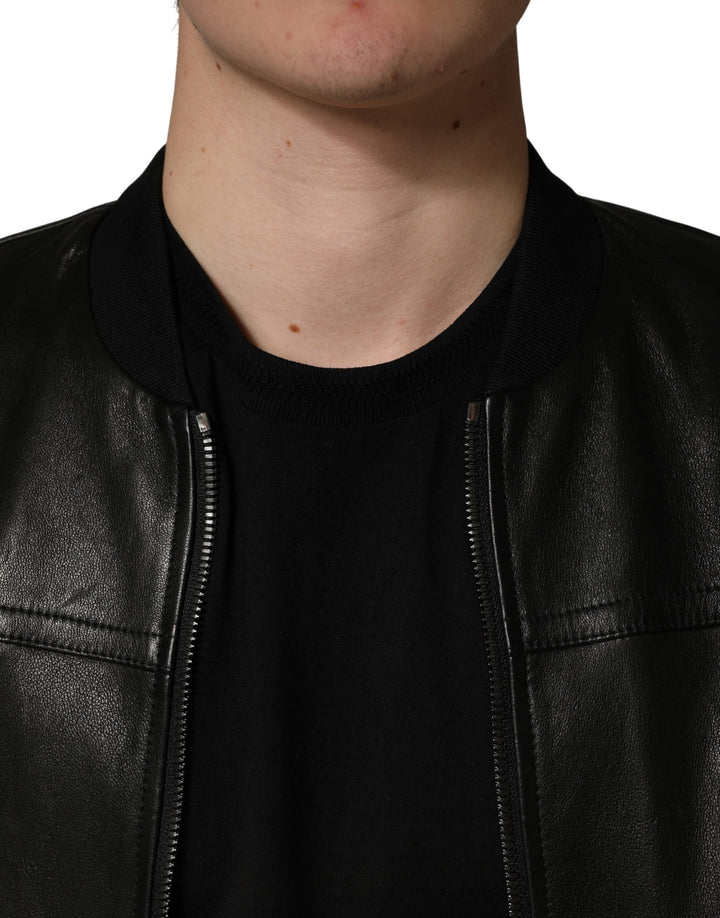 Black Lamb Leather Full Zip Biker  Jacket