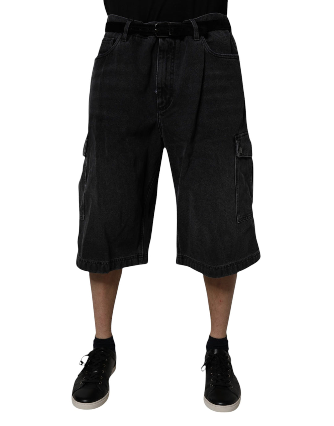 Black Mid Waist Denim Cargo Bermuda  Shorts