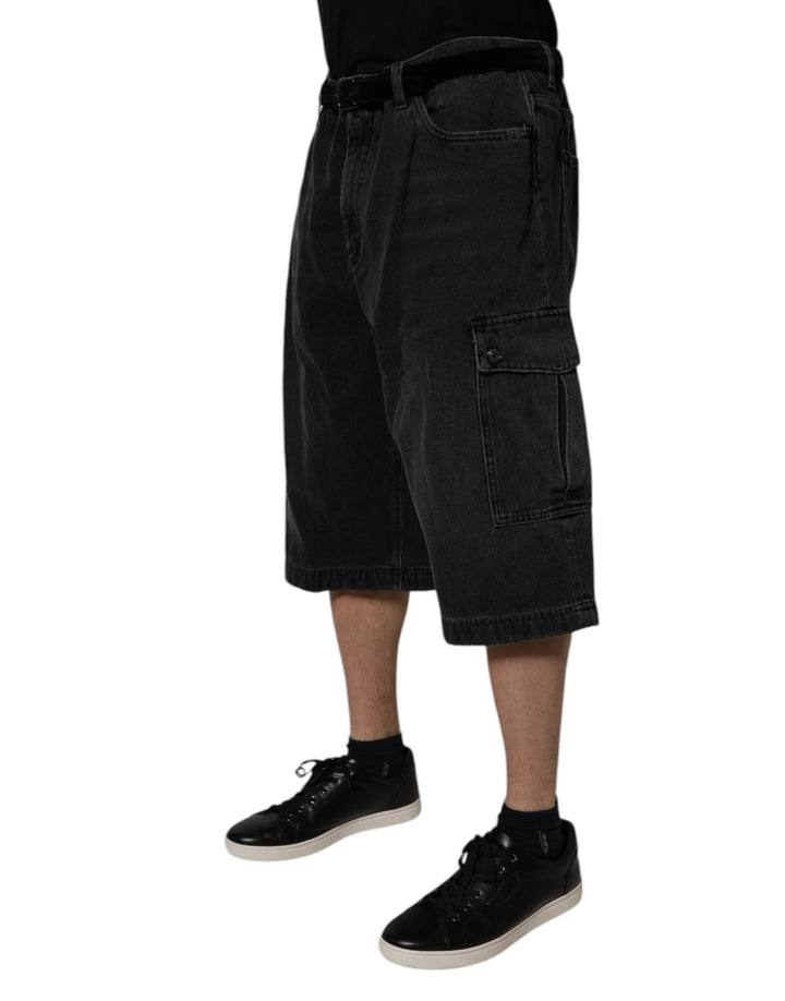 Black Mid Waist Denim Cargo Bermuda  Shorts