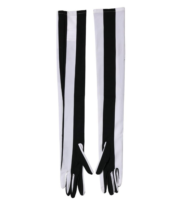 Black White Stripes Nylon Elbow Length Women Gloves