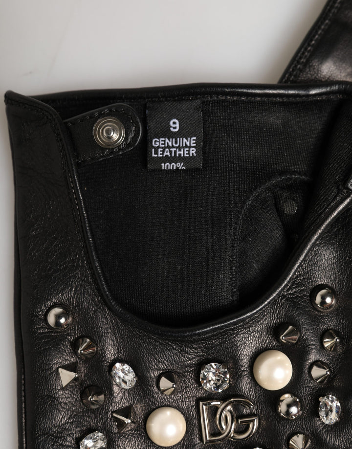 Black Embellished Wrist Length Mitten Women Gloves