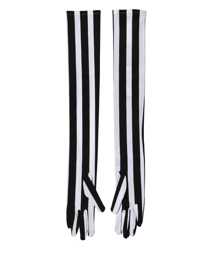 Black White Stripes Nylon Elbow Length Women Gloves