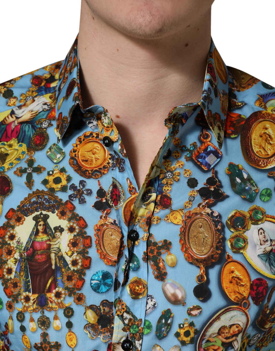 Blue Cotton Jewel Print Button Down GOLD Shirt