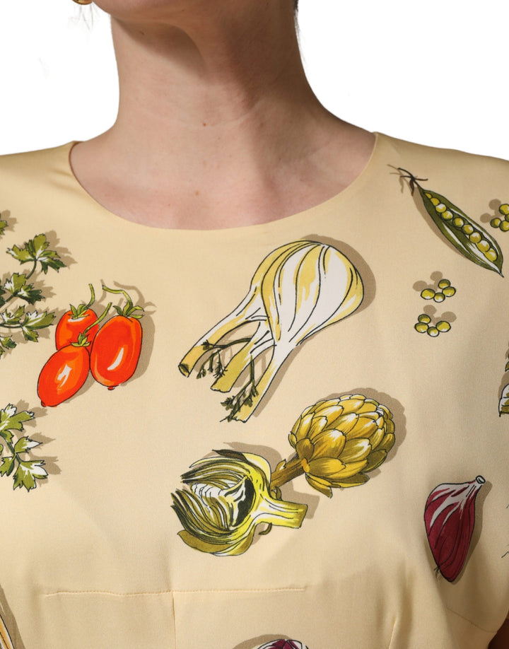 Beige Fruit PolkaDot Sheath Silk Midi Dress