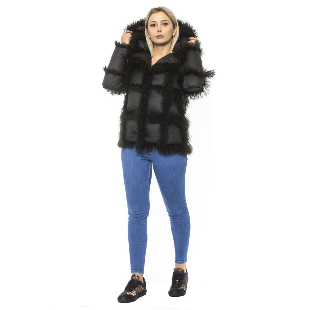 Black Poly Jacket with Lamb Fur Hood for Women