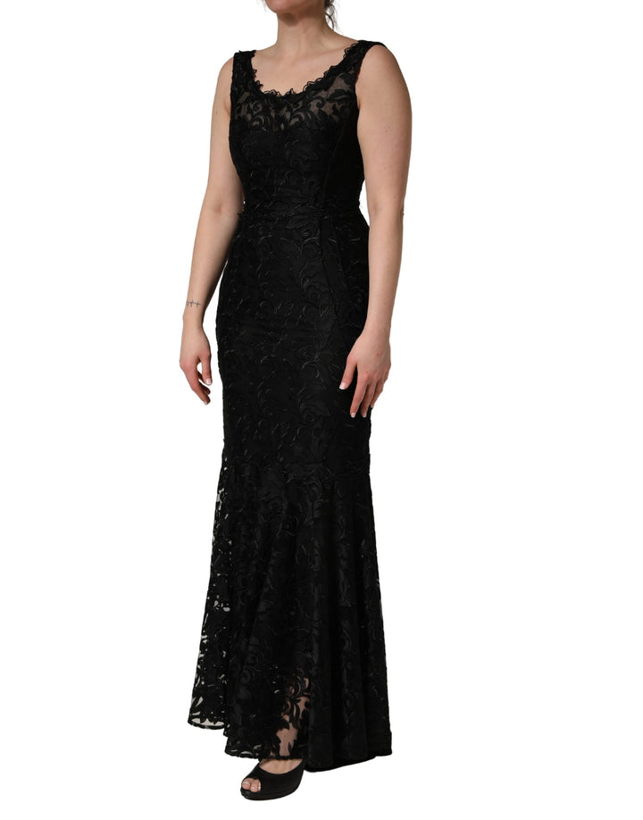 Black Floral Lace Evening Long Gown Dress