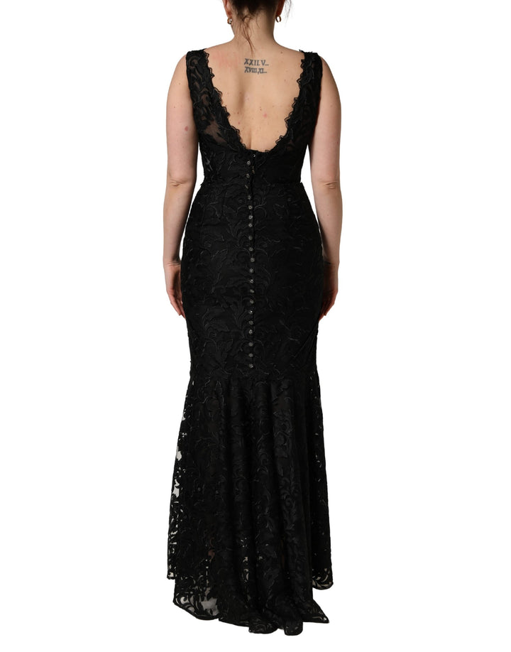 Black Floral Lace Evening Long Gown Dress