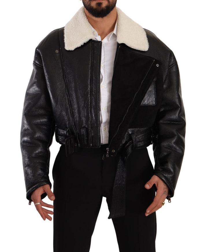 Black Leather Shearling Biker Coat Jacket