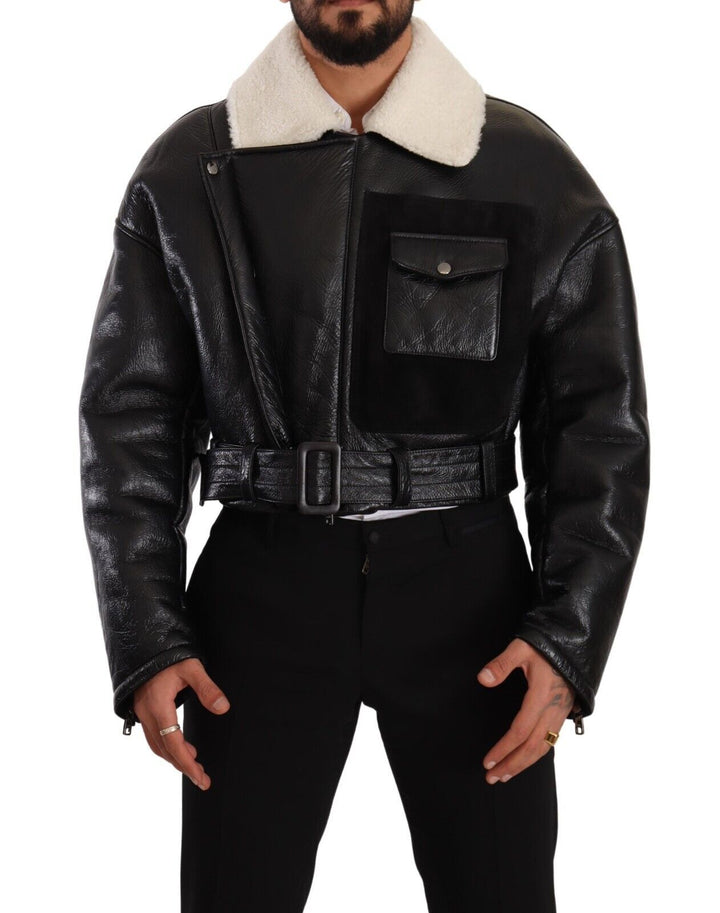 Black Leather Shearling Biker Coat Jacket