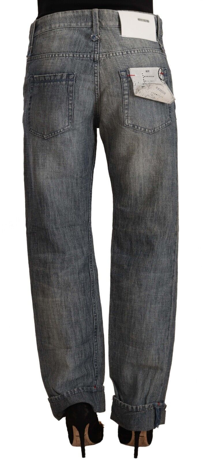 Gray Washed Mid Waist Straight Denim Folded Hem Jeans