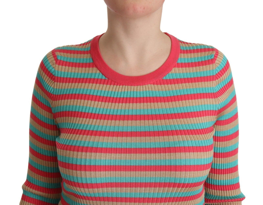 Multicolor Stripes Silk Crew Neck Pullover Top