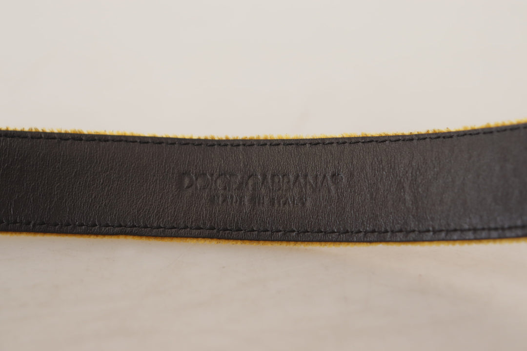 Mustard Velvet Gold Logo Engraved Metal Buckle Belt