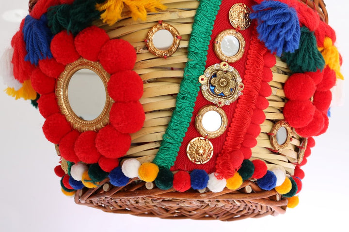 Multicolor AGNESE Straw Crystal  Pom Pom Bag