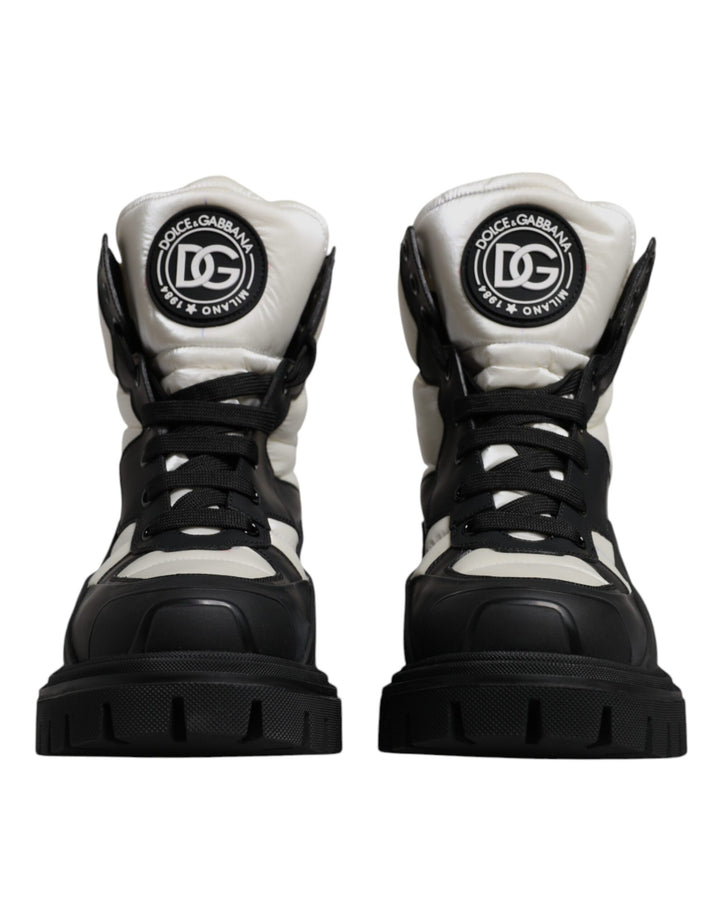 Black White Padded Mid Calf Lace Up Boots Shoes