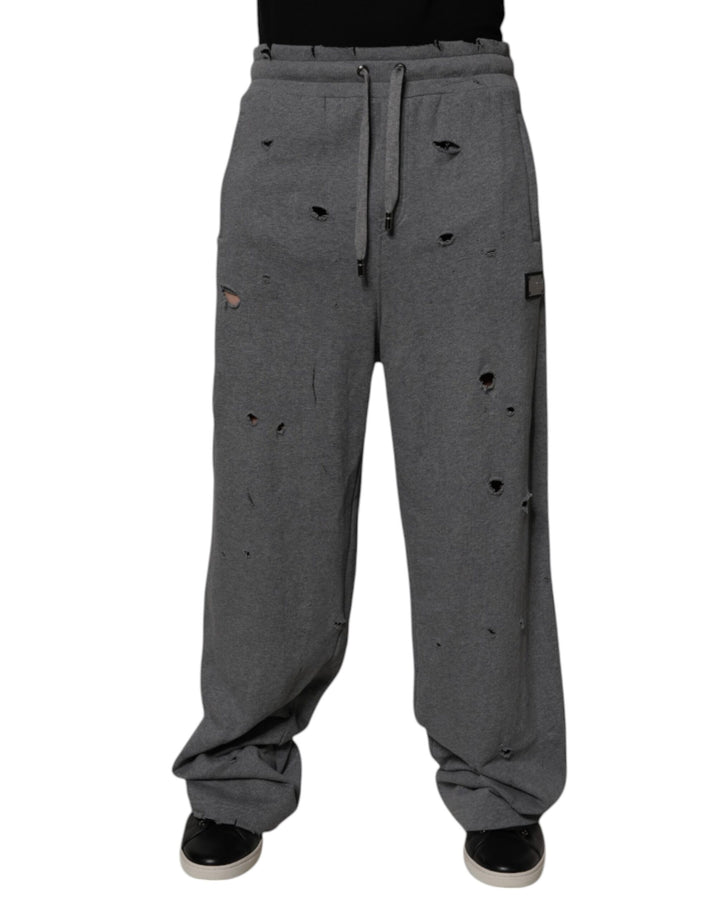 Gray Cotton RipStyle Straight Sweatpants Pants