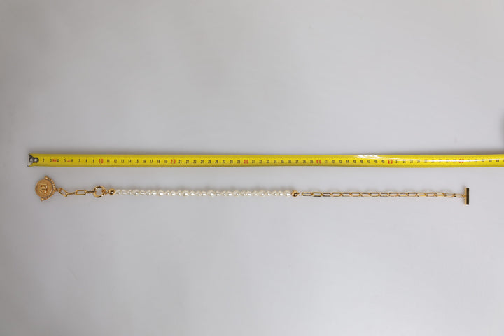 Gold Chain Brass Faux Pearl Charm Logo Pendant Necklace