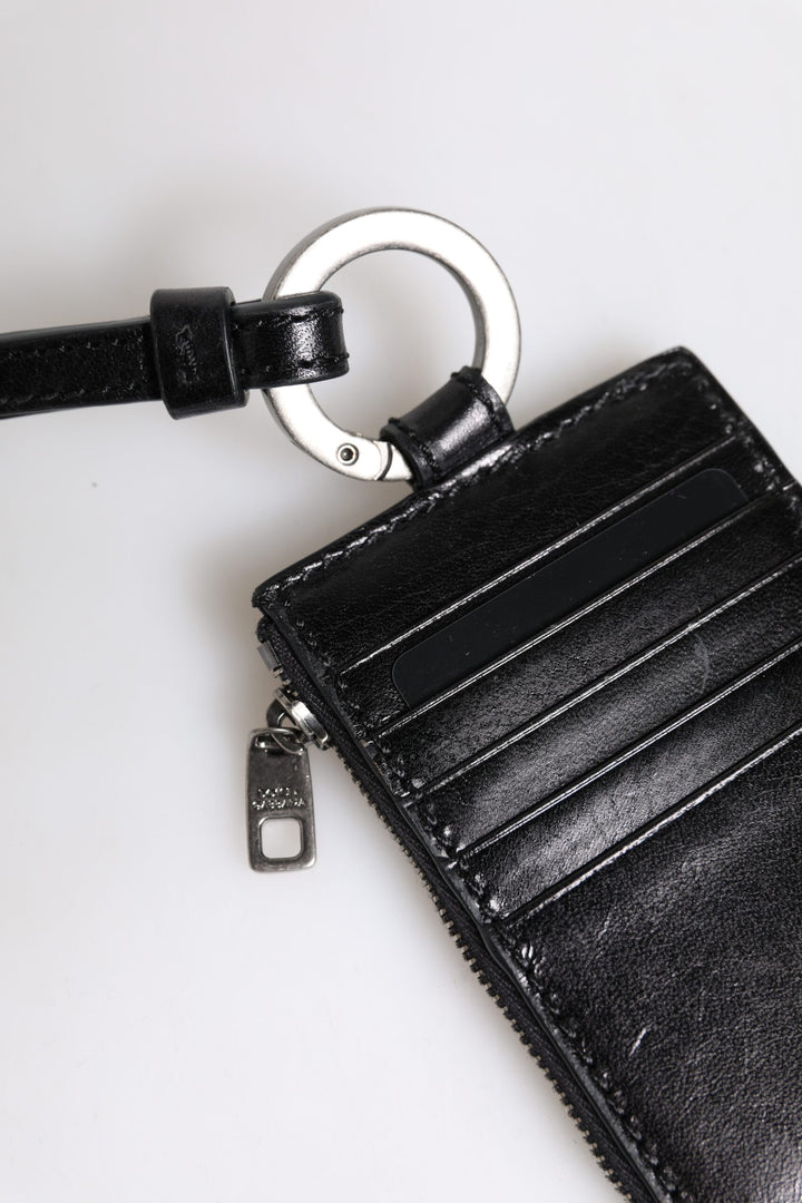 Black Leather Logo Embossed Lanyard Card Holder Wallet