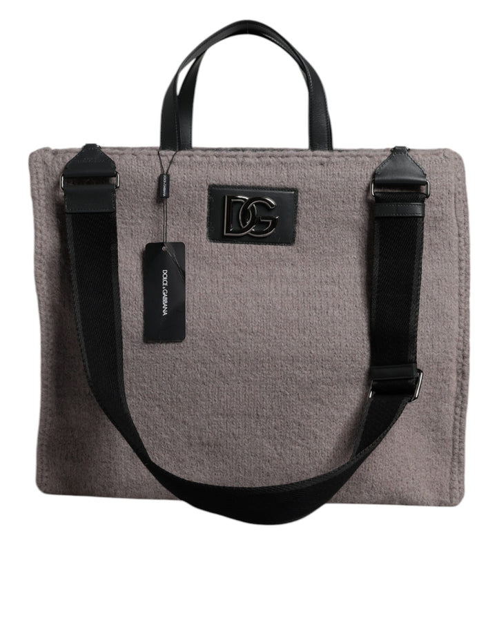 Grey Alpaca Wool Logo Plaque Tote Shoulder Bag