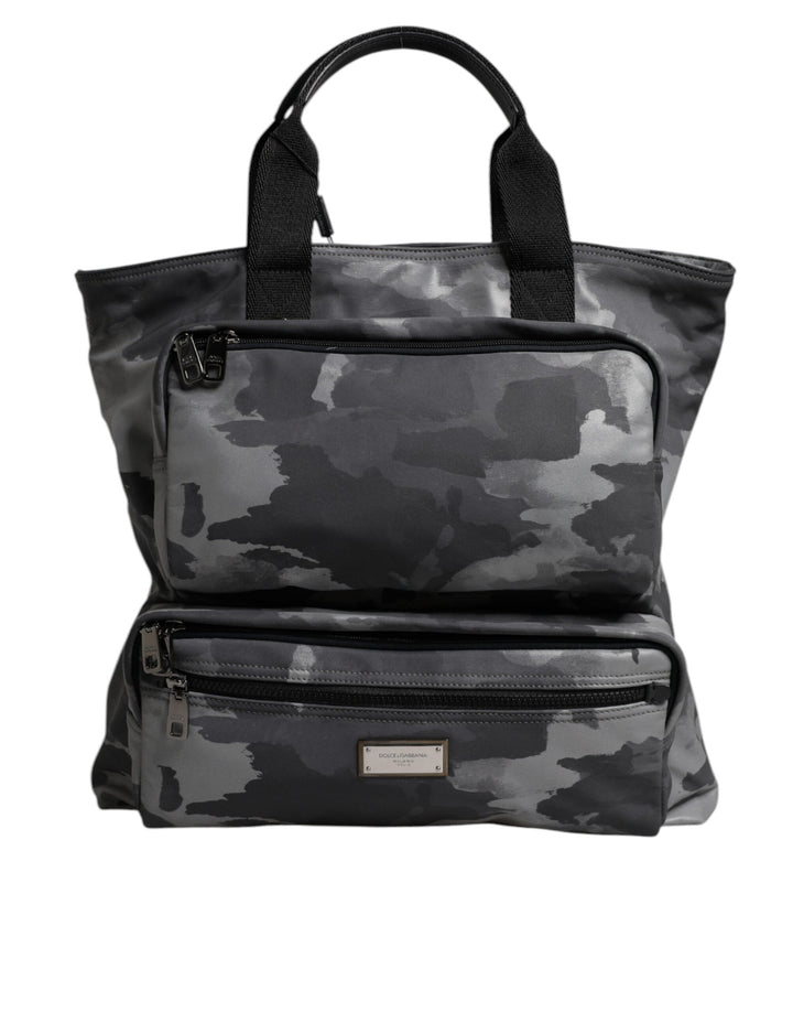 Gray Camo Cotton Multiple Compartments Tote Bag