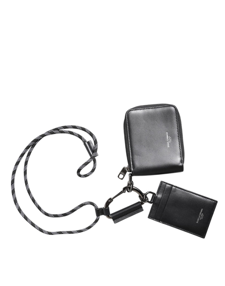 Black Leather Lanyard Zip Around Card Holder Wallet