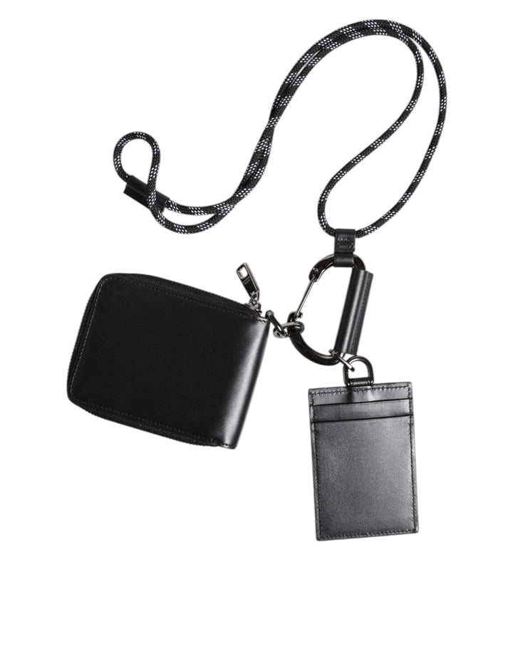 Black Leather Lanyard Zip Around Card Holder Wallet