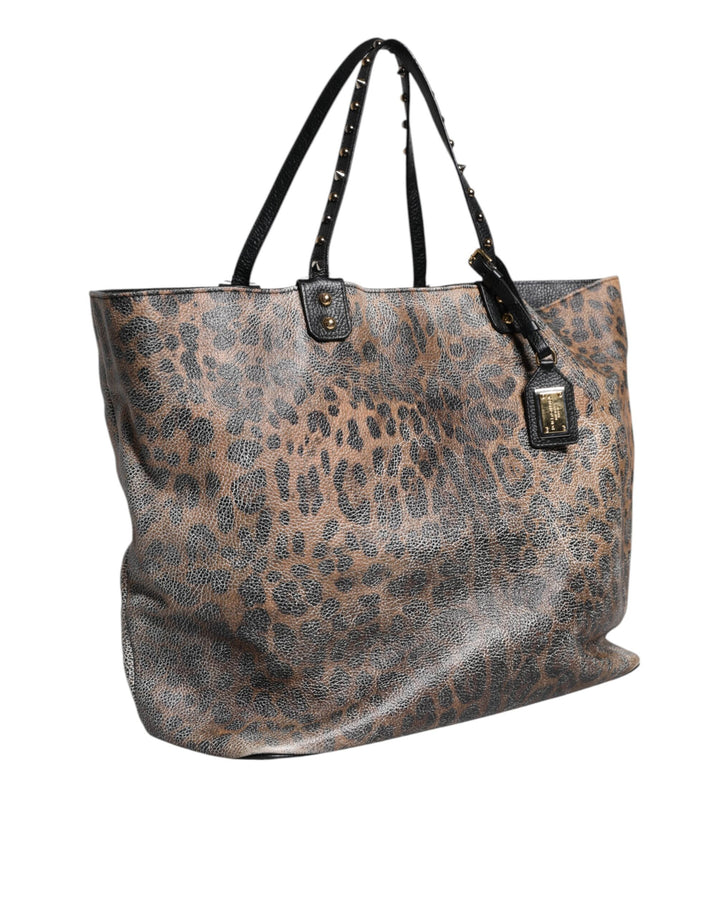 Brown Leopard BEATRICE Leather Logo Plaque Tote Bag