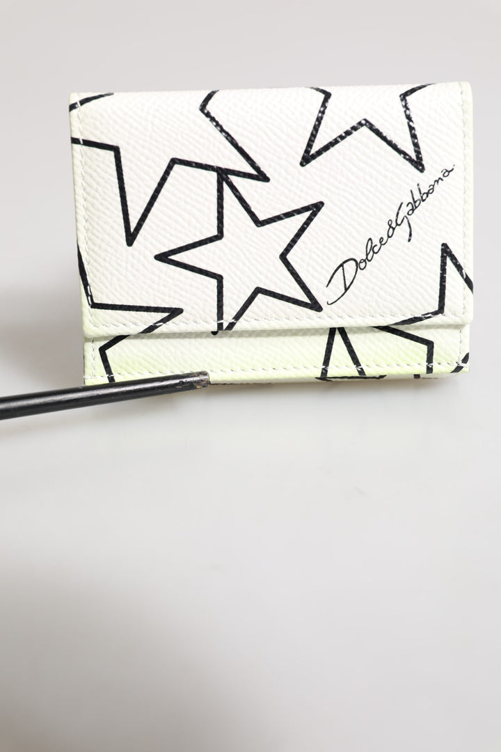 White Leather Trifold DG Star Print Card Holder Wallet