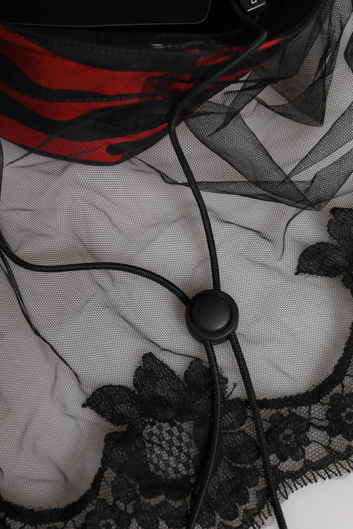 Black Red Stripes Lace Tulle Bucket Hat