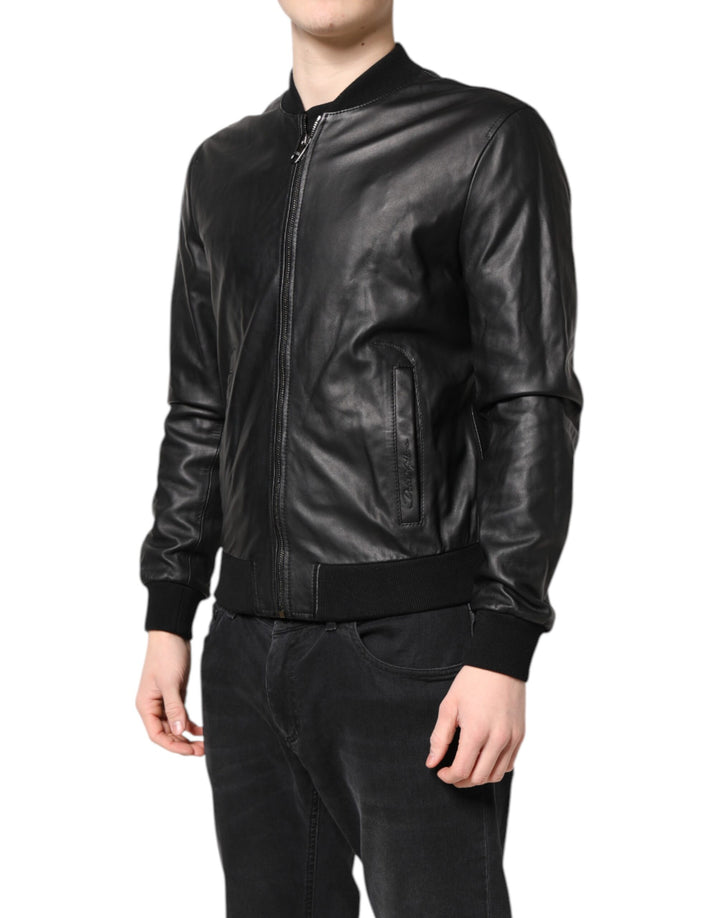 Black Lambskin Leather Full Zip Biker Jacket
