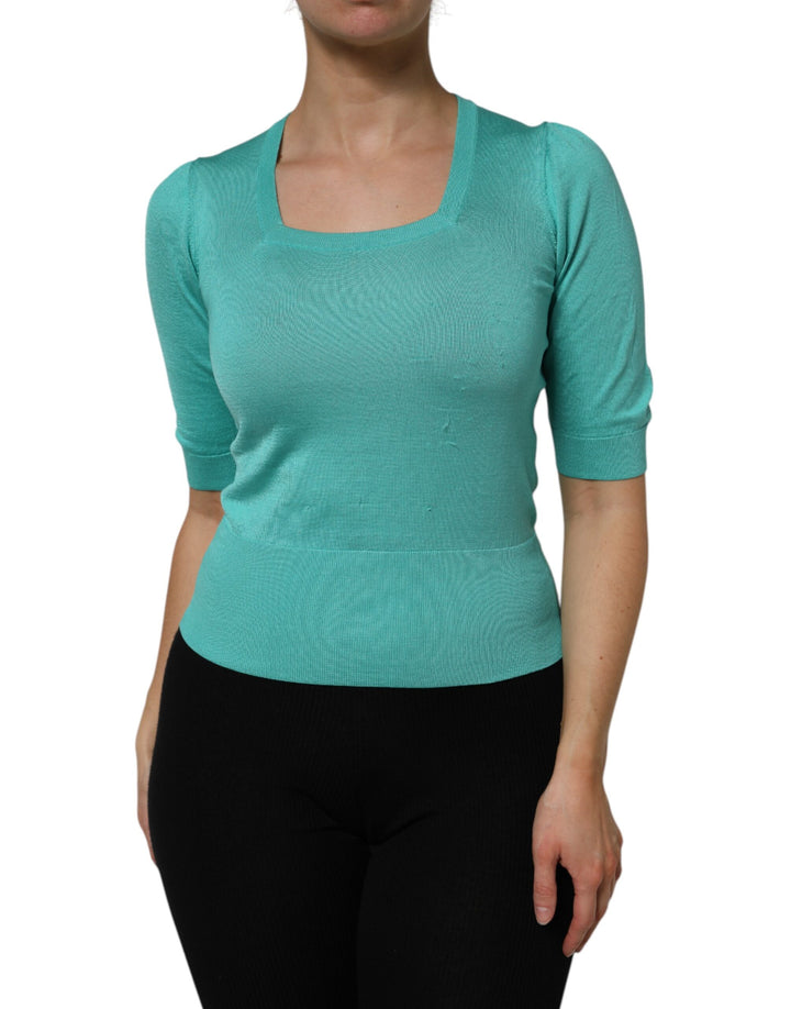 Aqua Blue Silk Short Sleeves Square Neck Top