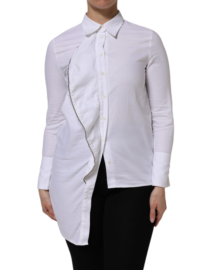 White Cotton Collared Long Sleeves Ruffle Top Shirt