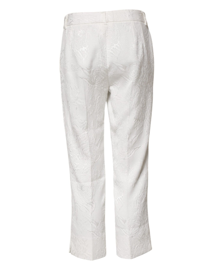White Cotton Floral Jacquard Pants