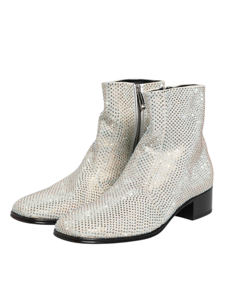 White Strass DG Logo Heels Ankle Boots Shoes
