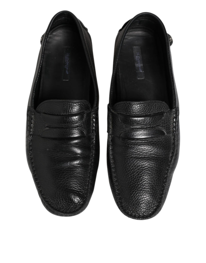 Black Leather Slip On Mocassin Loafer Shoes
