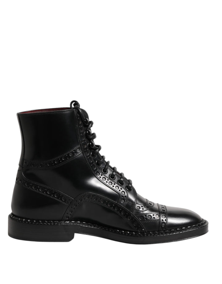 Black Leather Lace Up Mid Calf Boots Shoes