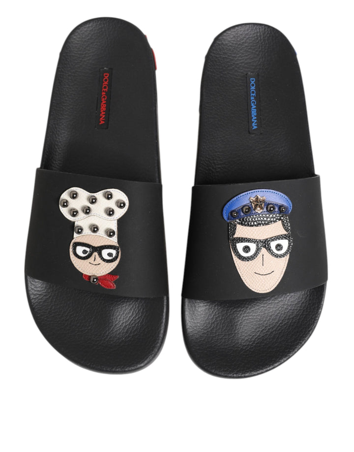 Black Leather Slides Flats Beachwear Shoes