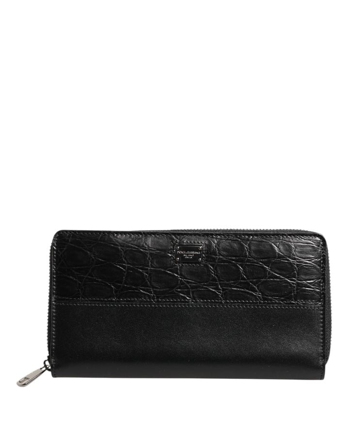 Black Leather DG Plaque Zip Around Continental Wallet