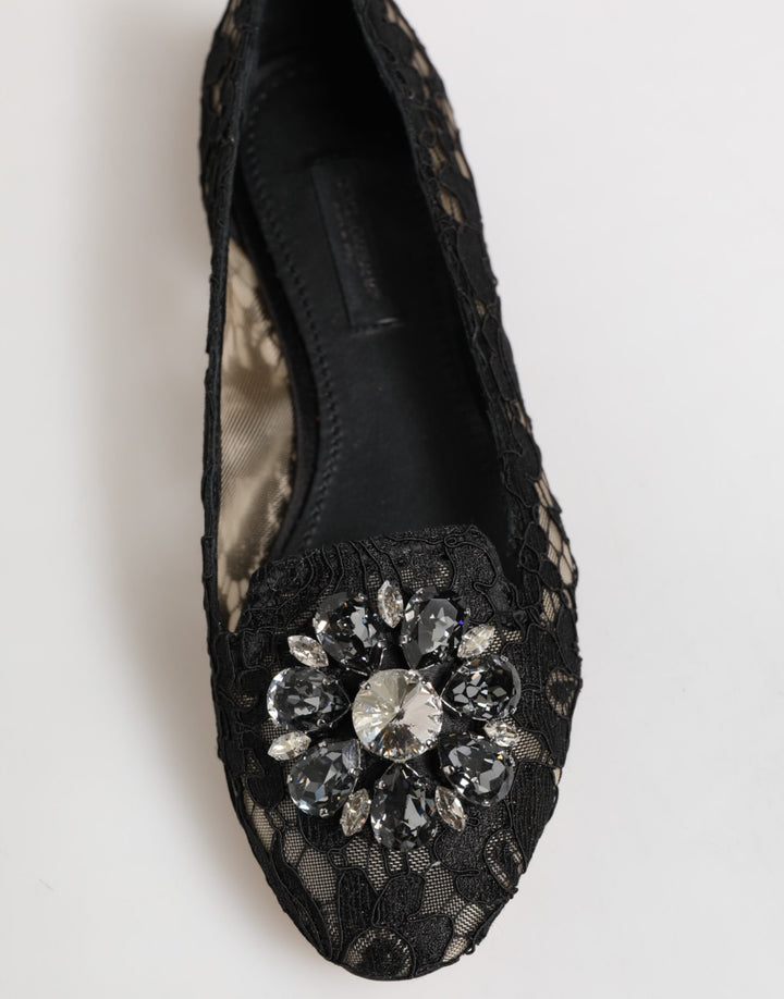 Black Taormina Lace Crystals Flats Shoes