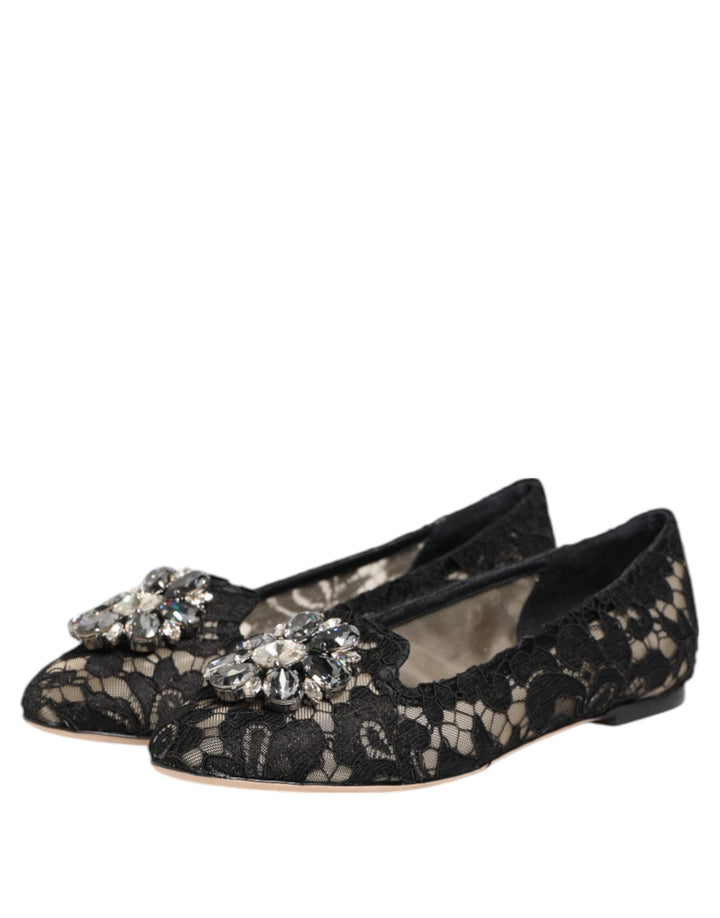 Black Taormina Lace Crystals Flats Shoes
