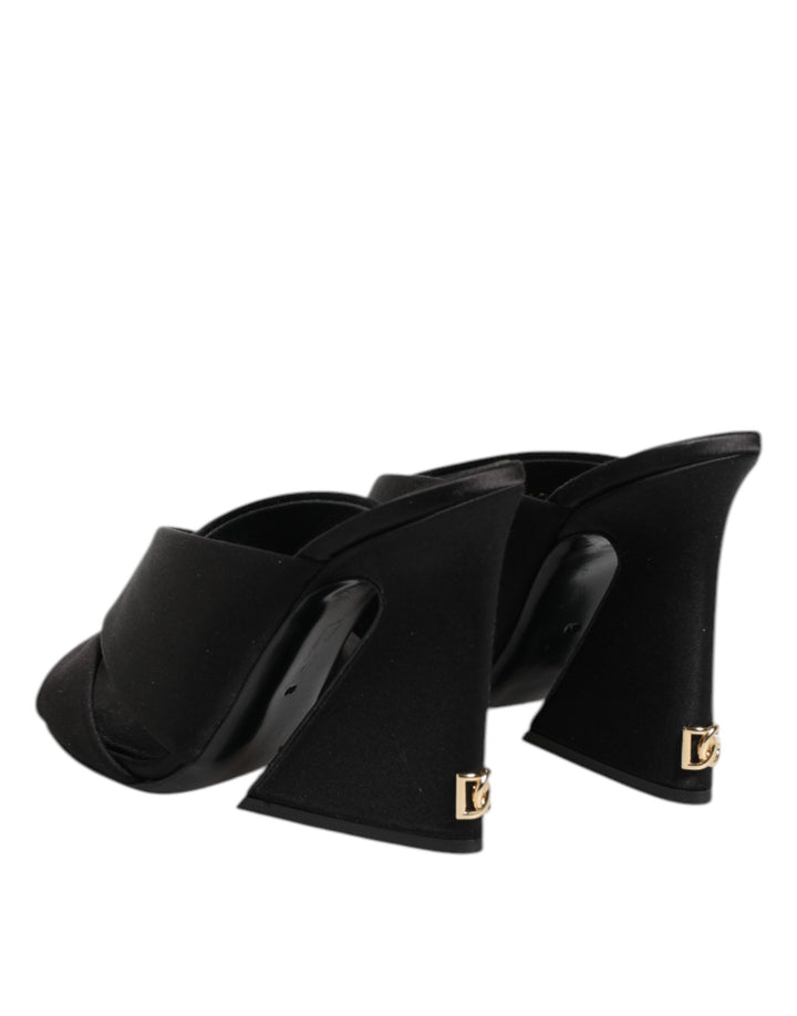 Black Logo KEIRA Satin Slides Sandals Shoes