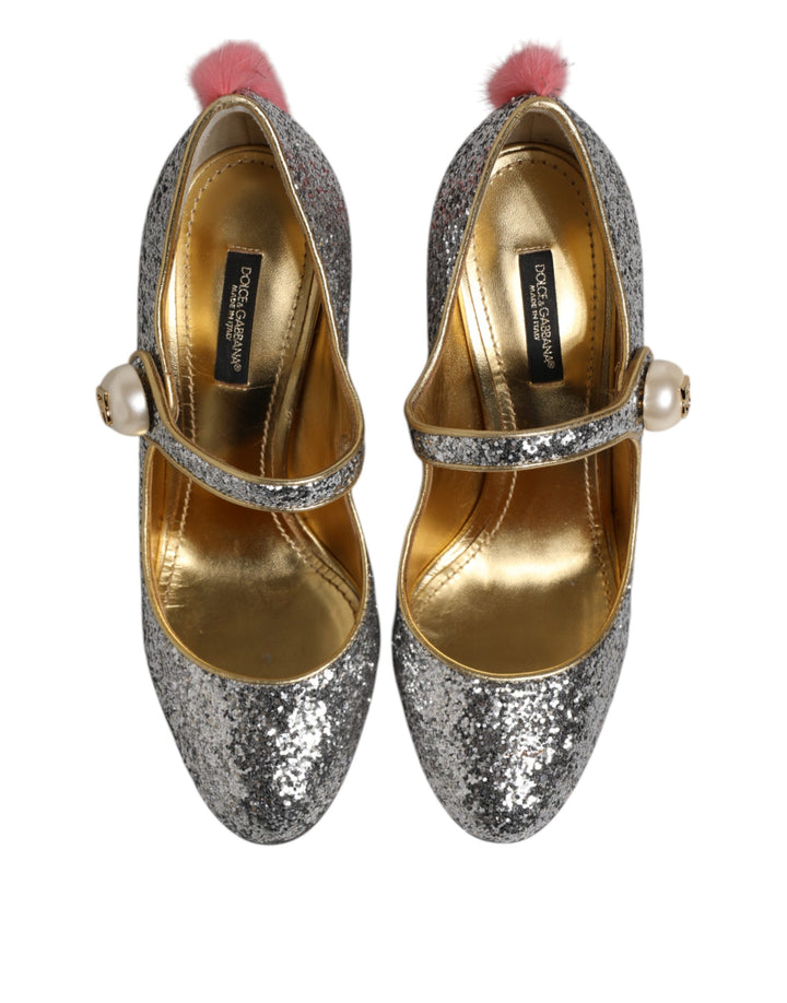 Silver Glitter Mink Fur VALLY Pump Shoes