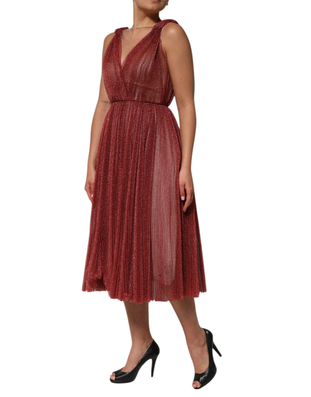 Burgundy Mesh Sleeveless Midi A-line Dress
