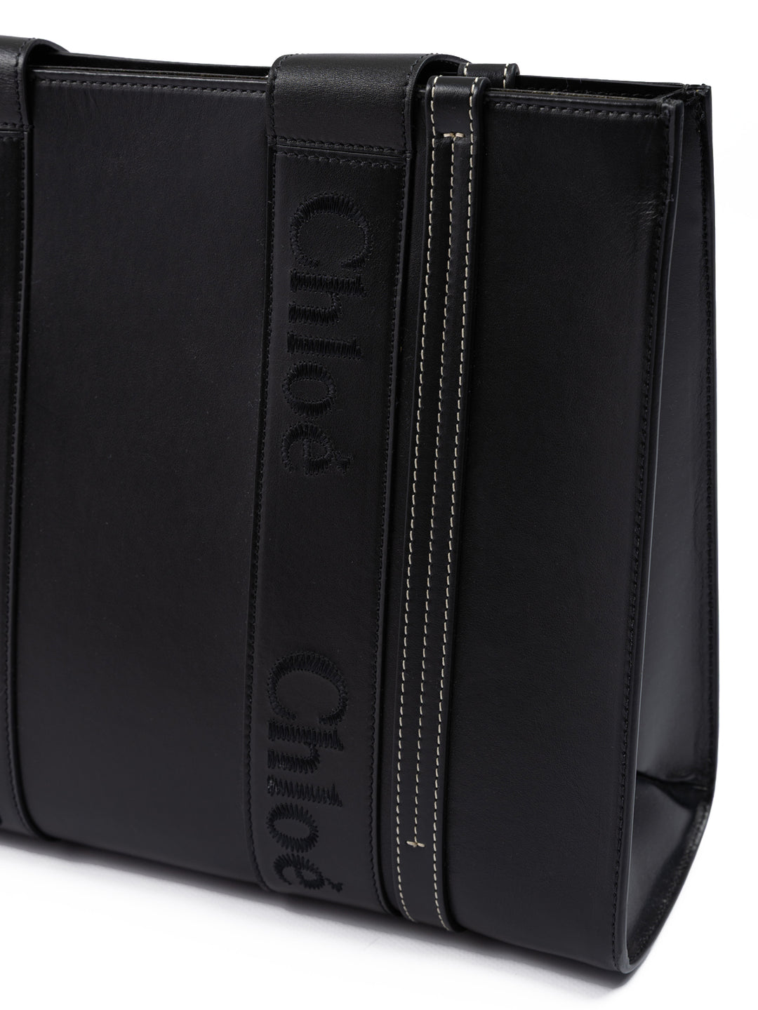 Black Woody Embroidered Logo Leather Medium Tote Bag