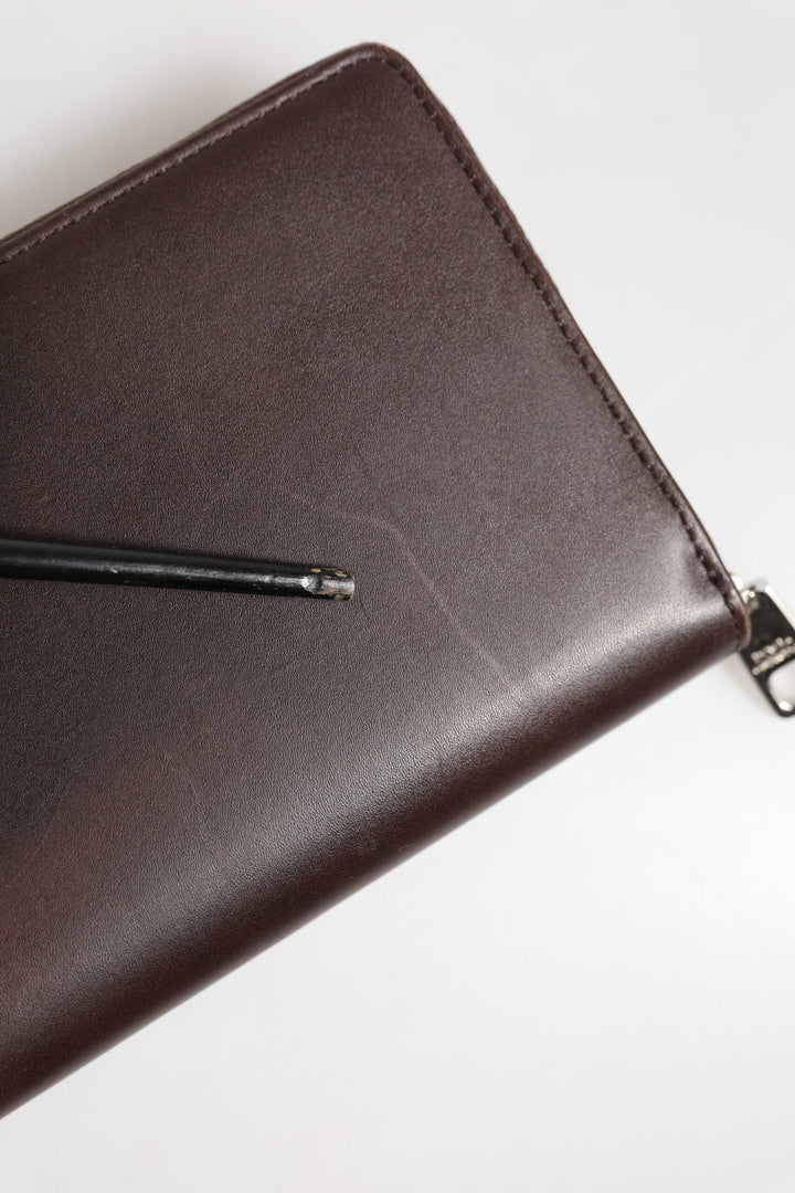Brown Calfskin Leather Logo Zip Around Continental Wallet