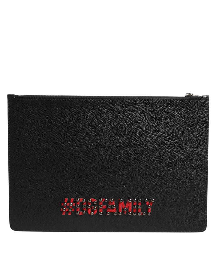 Black Leather #DGFAMILY Embellished Men Clutch Pouch Bag