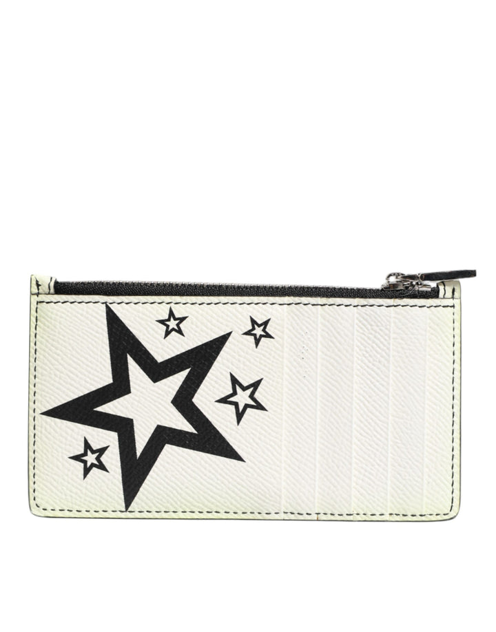 White Leather Douphin DG Logo Star Print Card Holder Wallet