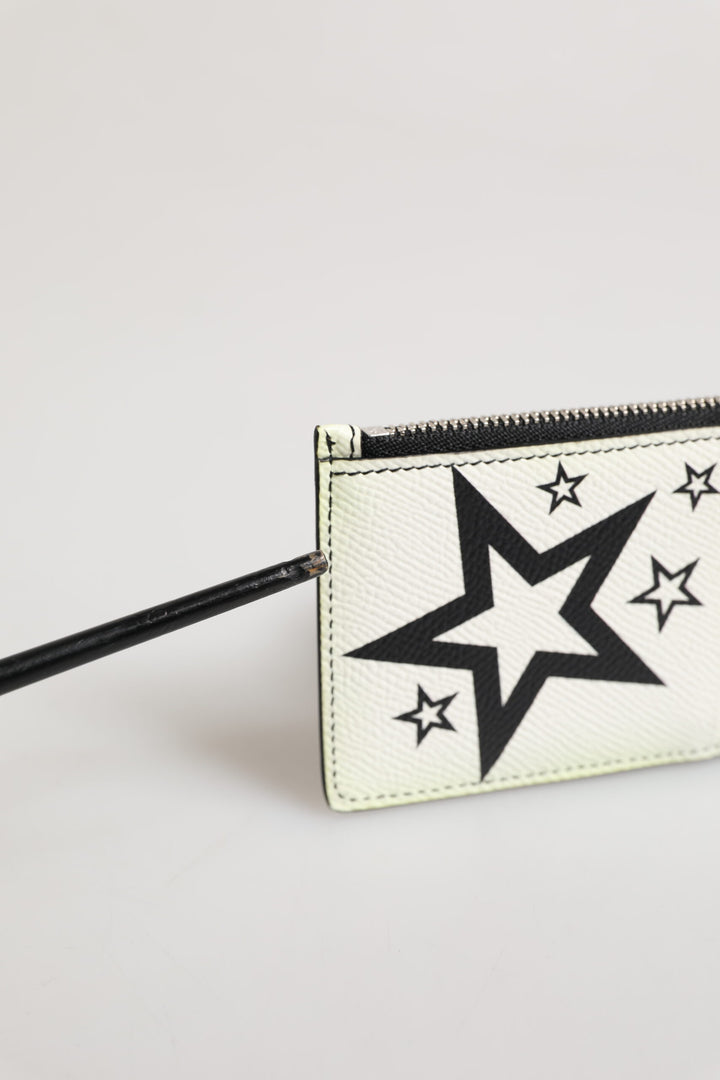 White Leather Douphin DG Logo Star Print Card Holder Wallet