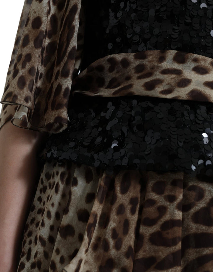 Leopard Print Silk Sequin Ruffle Maxi Dress