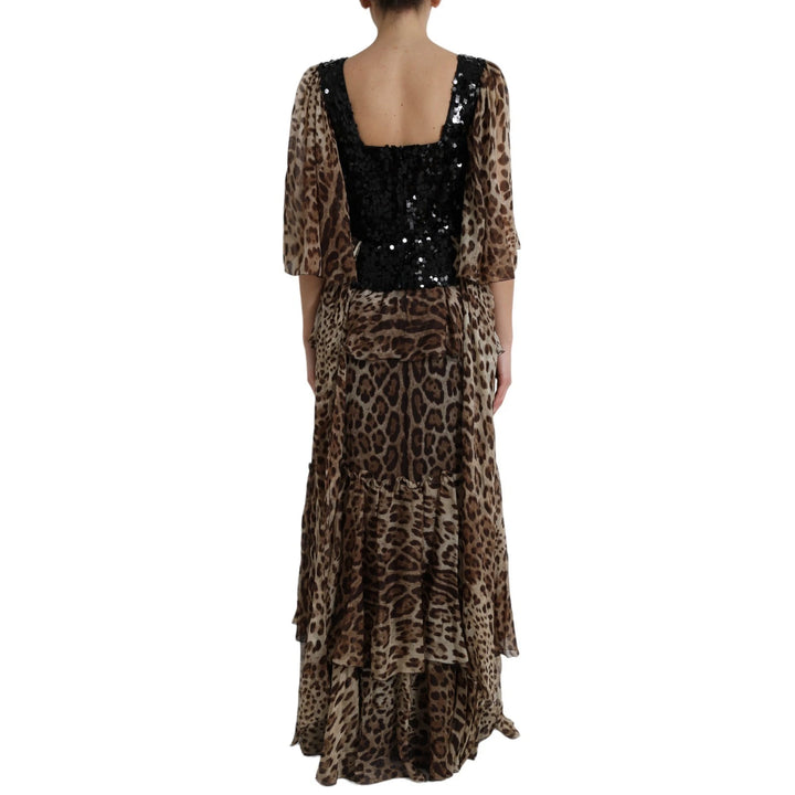 Leopard Print Silk Sequin Ruffle Maxi Dress